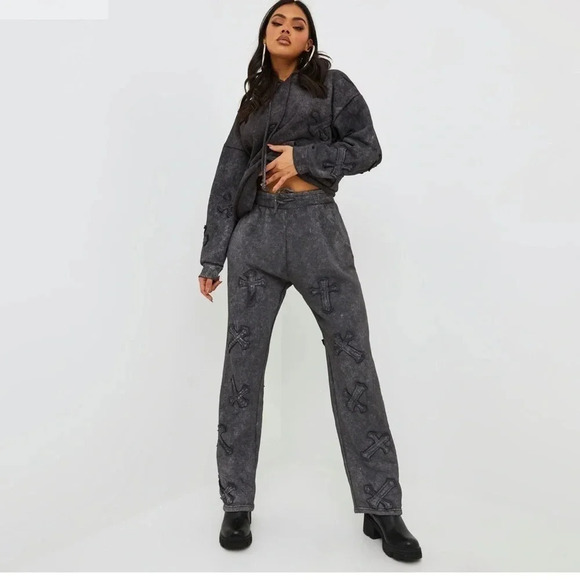 EGO‎ Joggers Large Oversized High Waist Acid Wash Black Gothic Cross Patch Punk - Picture 2 of 5